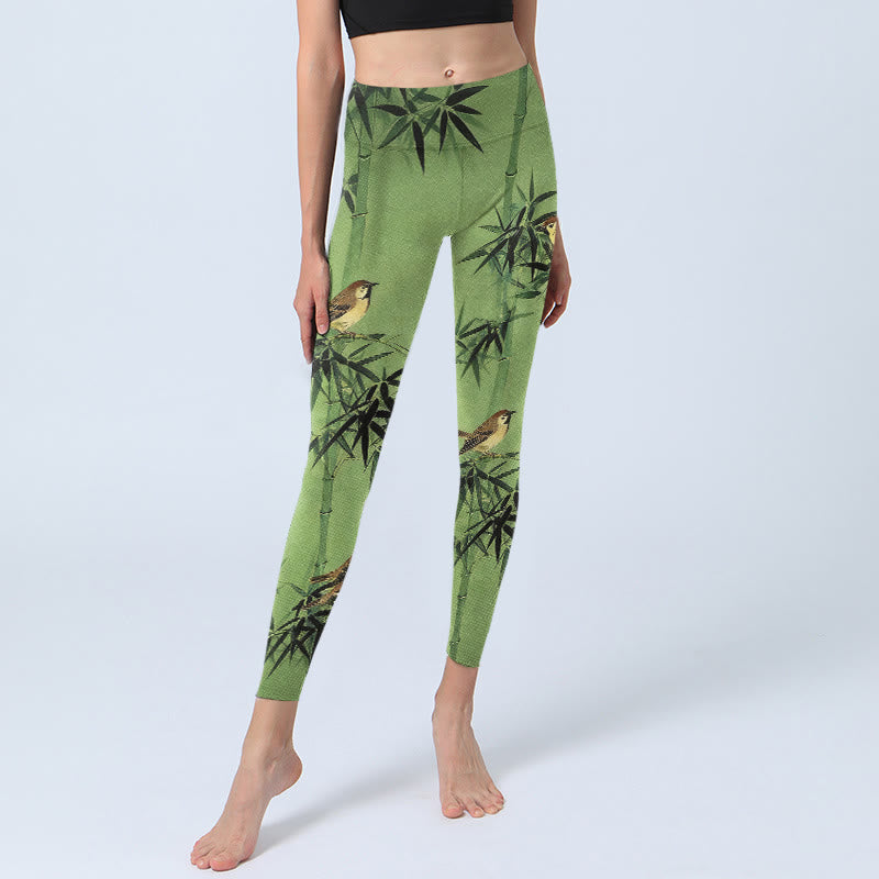 Buddha Stones Leggings de yoga para mujer con estampado de hojas de bambú y pájaros - image 5
