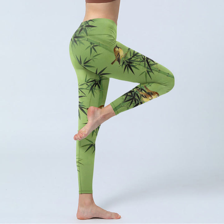 Buddha Stones Leggings de yoga para mujer con estampado de hojas de bambú y pájaros - image 3