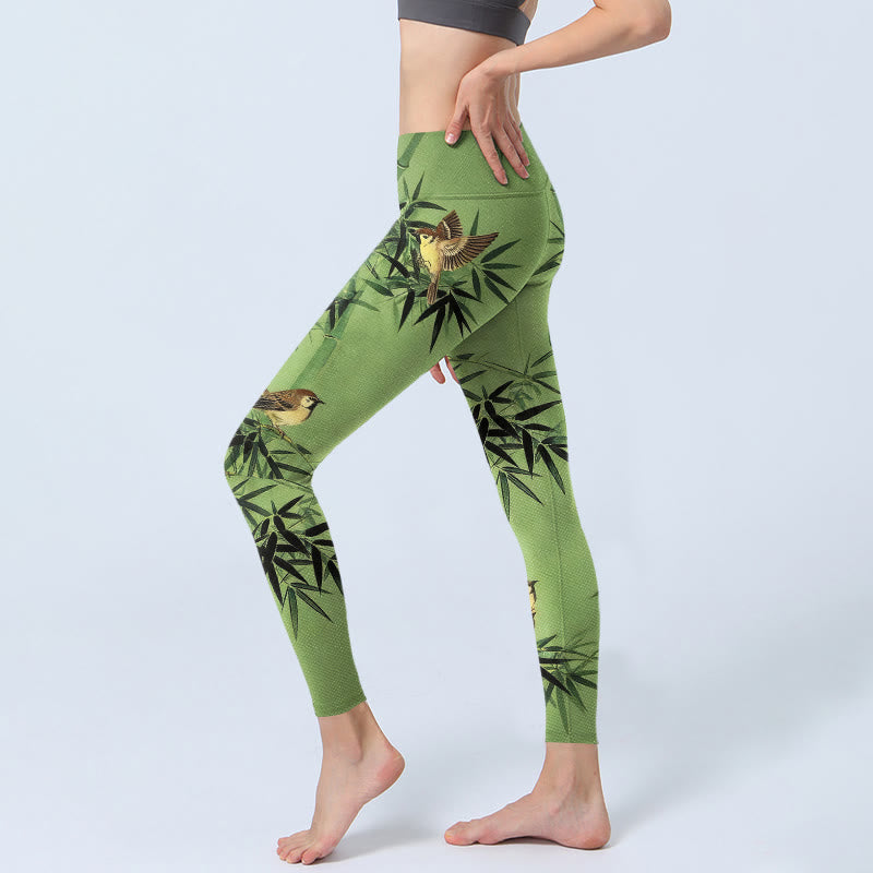 Buddha Stones Leggings de yoga para mujer con estampado de hojas de bambú y pájaros - image 2