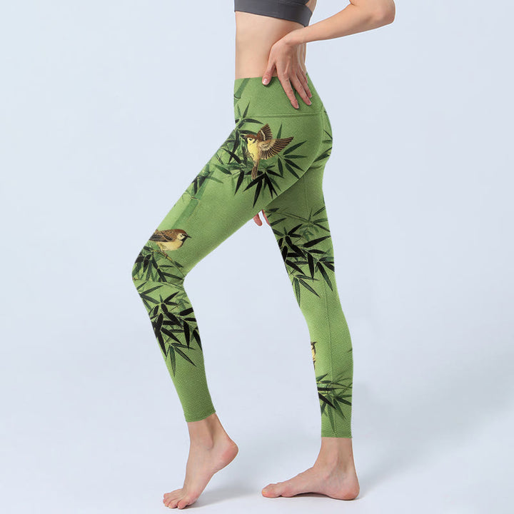Buddha Stones Leggings de yoga para mujer con estampado de hojas de bambú y pájaros - image 2