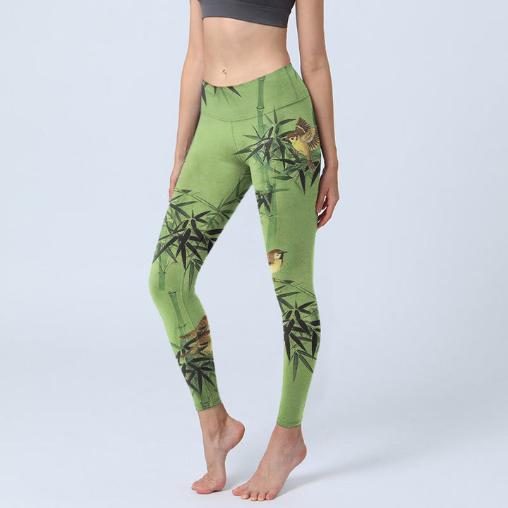 Buddha Stones Leggings de yoga para mujer con estampado de hojas de bambú y pájaros - AmarilloVerde - US18，UK/AU22，EU50 (4XL) - image 0