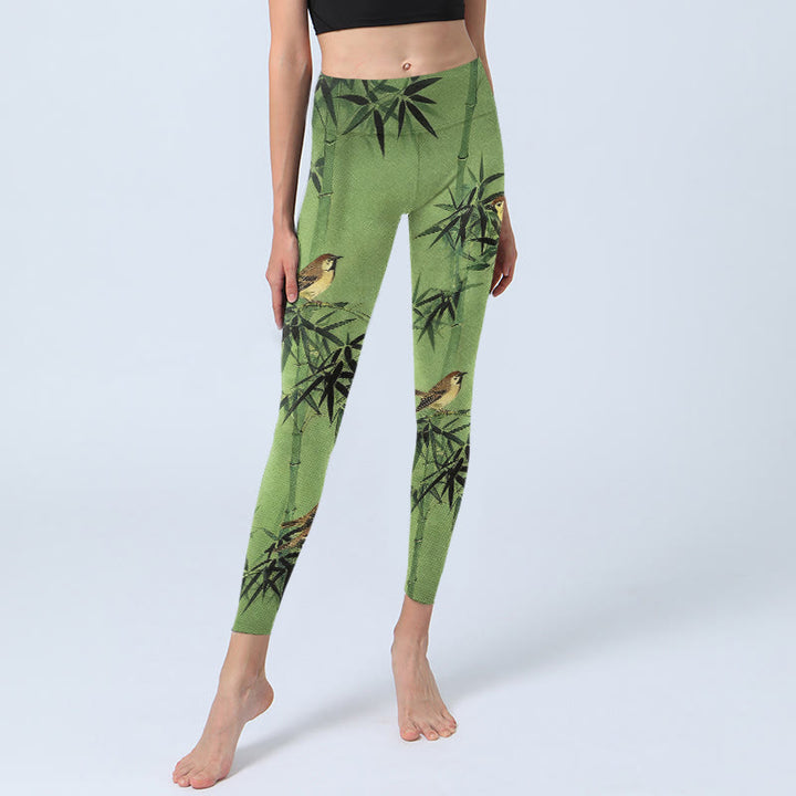 Buddha Stones Leggings de yoga para mujer con estampado de hojas de bambú y pájaros - image 5