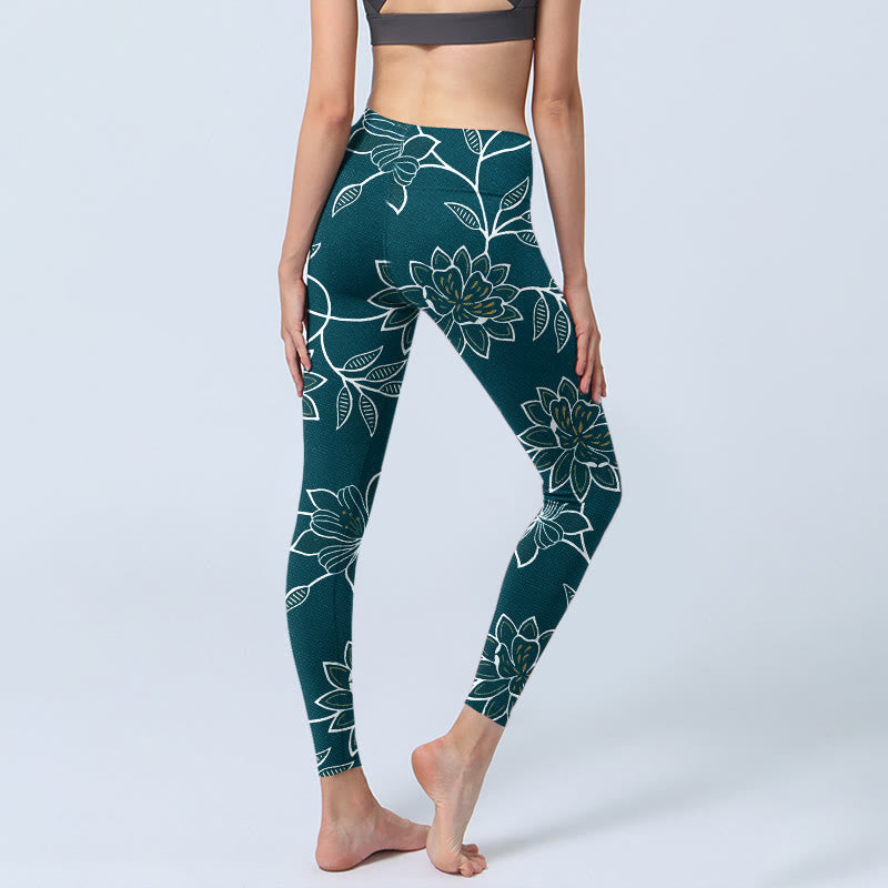 Buddha Stones Leggings de yoga para mujer con estampado retro elegante de flores y hojas - image 4