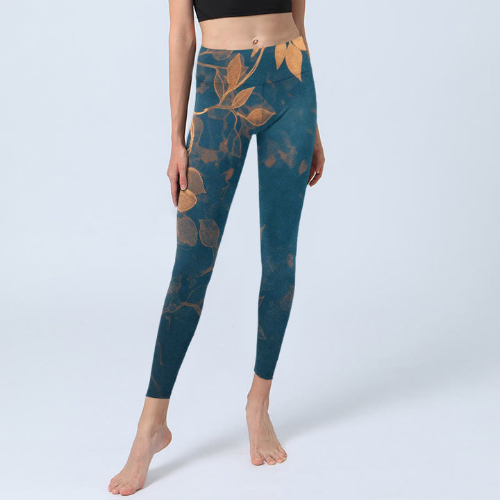 Buddha Stones Leggings de yoga para mujer con estampado de hojas elegantes - image 5