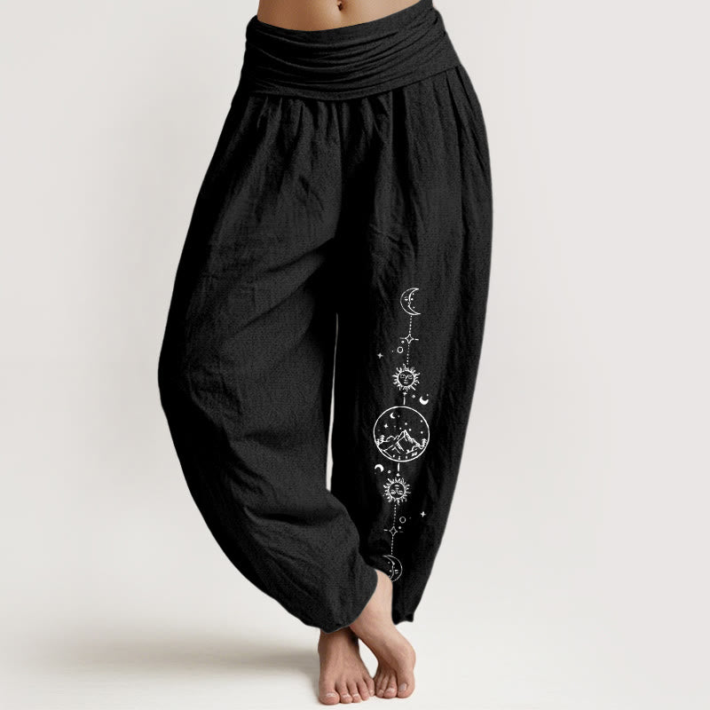 Buddha Stones Pantalones harén de algodón puro con diseño minimalista, estampado de luna, sol, estrella y montaña, con cintura elástica para mujer - Negro - US16，UK/AU20，EU48 (3XL) - image 5