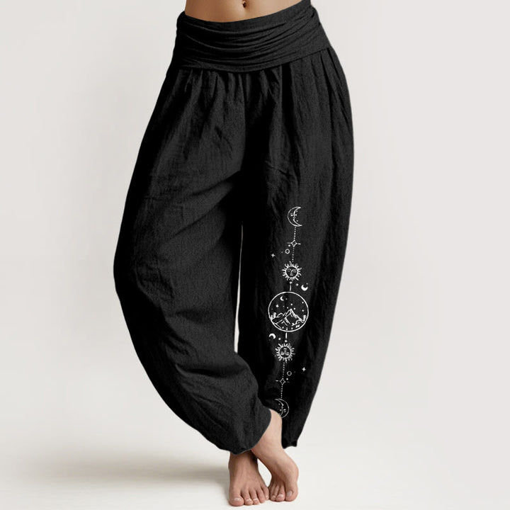 Buddha Stones Pantalones harén de algodón puro con diseño minimalista, estampado de luna, sol, estrella y montaña, con cintura elástica para mujer - Negro - US16，UK/AU20，EU48 (3XL) - image 5
