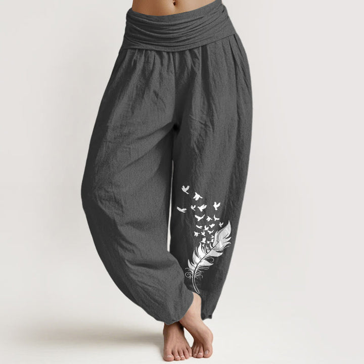Buddha Stones Pantalones harén de algodón puro con estampado de plumas de pájaro vívidas para mujer, cintura elástica - Gris oscuro - US16，UK/AU20，EU48 (3XL) - image 0