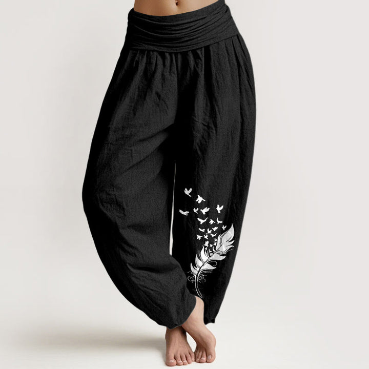 Buddha Stones Pantalones harén de algodón puro con estampado de plumas de pájaro vívidas para mujer, cintura elástica - Negro - US16，UK/AU20，EU48 (3XL) - image 5