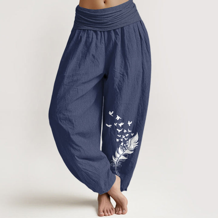 Buddha Stones Pantalones harén de algodón puro con estampado de plumas de pájaro vívidas para mujer, cintura elástica - Azul pizarra oscuro - US16，UK/AU20，EU48 (3XL) - image 8