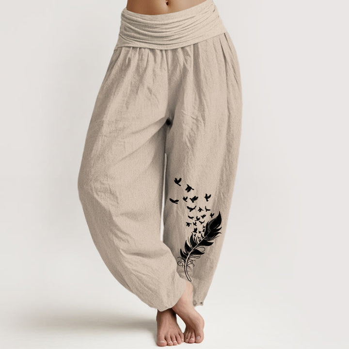 Buddha Stones Pantalones harén de algodón puro con estampado de plumas de pájaro vívidas para mujer, cintura elástica - Broncearse - US16，UK/AU20，EU48 (3XL) - image 11