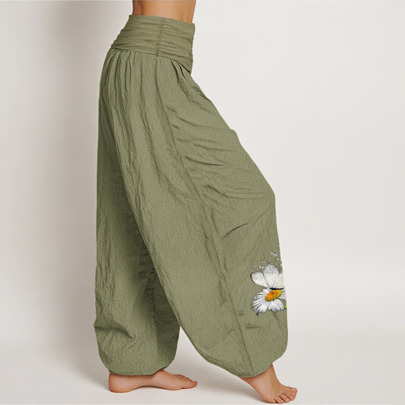 Buddha Stones Pantalones harén de algodón puro con estampado de margaritas, mariposas y libélulas para mujer, cintura elástica - image 2