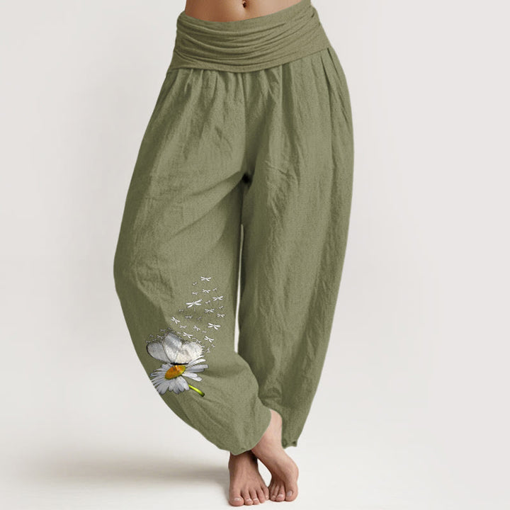 Buddha Stones Pantalones harén de algodón puro con estampado de margaritas, mariposas y libélulas para mujer, cintura elástica - Verde oliva - US16，UK/AU20，EU48 (3XL) - image 0