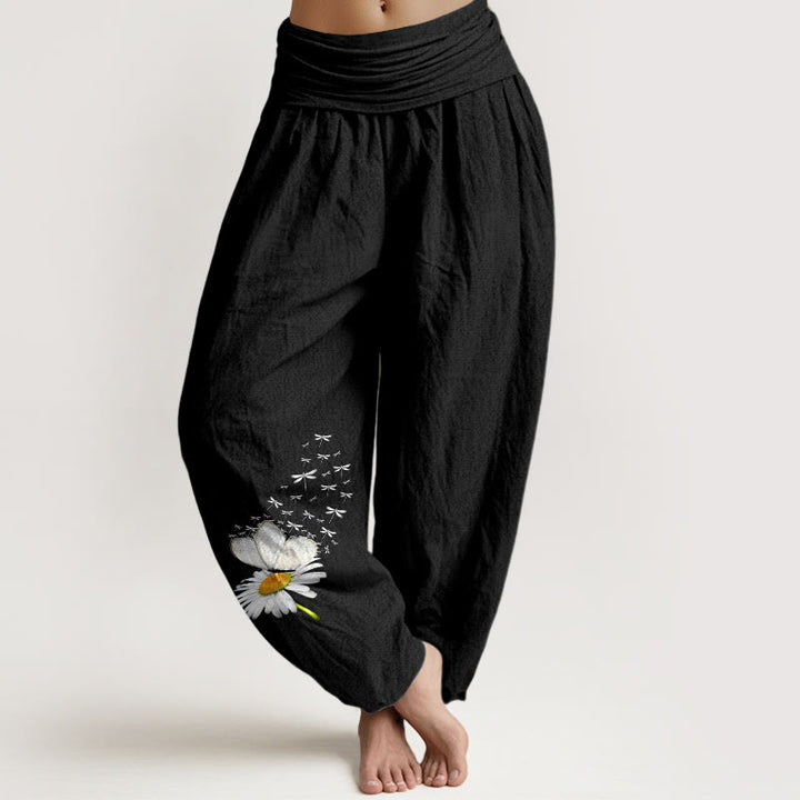 Buddha Stones Pantalones harén de algodón puro con estampado de margaritas, mariposas y libélulas para mujer, cintura elástica - Negro - US16，UK/AU20，EU48 (3XL) - image 5