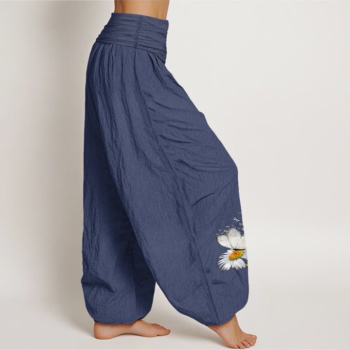 Buddha Stones Pantalones harén de algodón puro con estampado de margaritas, mariposas y libélulas para mujer, cintura elástica - image 10