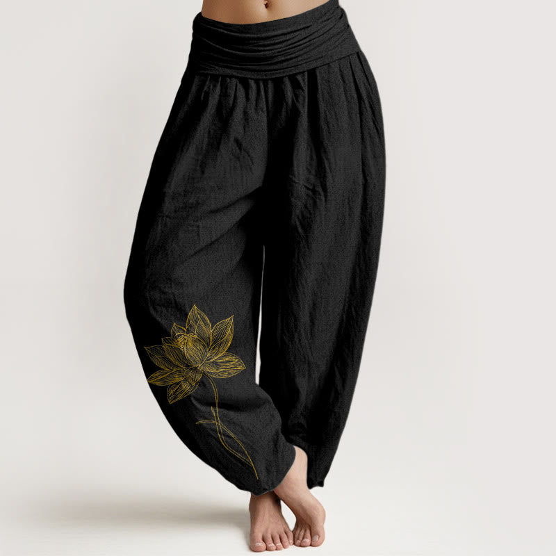 Buddha Stones Pantalones harén de algodón puro con cintura elástica y estampado de flor de loto para mujer - Negro - US16，UK/AU20，EU48 (3XL) - image 0