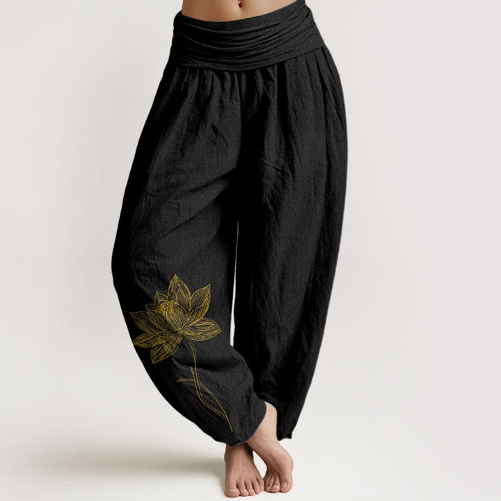 Buddha Stones Pantalones harén de algodón puro con cintura elástica y estampado de flor de loto para mujer - Negro - US16，UK/AU20，EU48 (3XL) - image 0