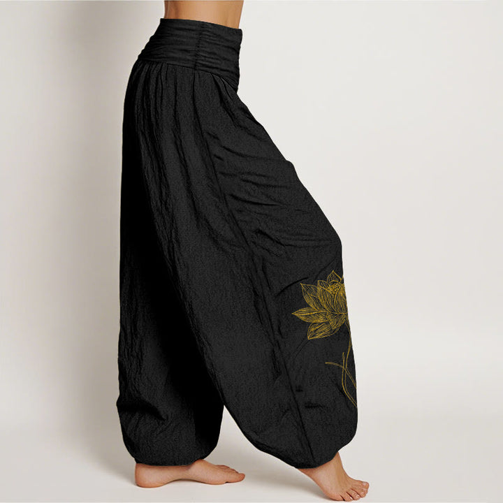 Buddha Stones Pantalones harén de algodón puro con cintura elástica y estampado de flor de loto para mujer - image 2