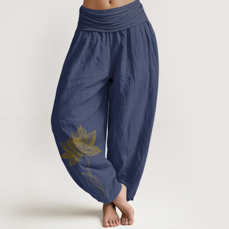 Buddha Stones Pantalones harén de algodón puro con cintura elástica y estampado de flor de loto para mujer - Azul pizarra oscuro - US16，UK/AU20，EU48 (3XL) - image 5
