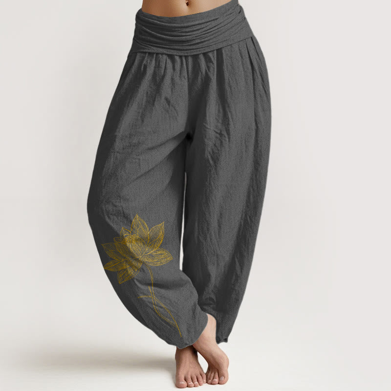 Buddha Stones Pantalones harén de algodón puro con cintura elástica y estampado de flor de loto para mujer - Gris oscuro - US16，UK/AU20，EU48 (3XL) - image 8