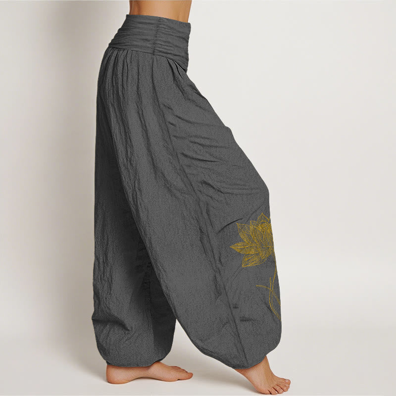 Buddha Stones Pantalones harén de algodón puro con cintura elástica y estampado de flor de loto para mujer - image 10