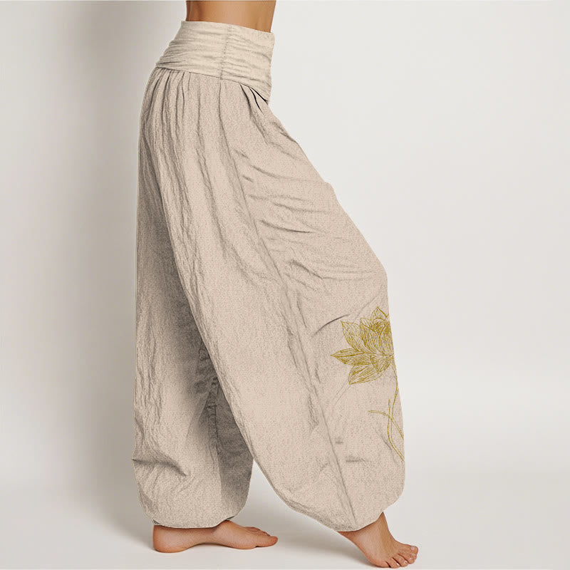 Buddha Stones Pantalones harén de algodón puro con cintura elástica y estampado de flor de loto para mujer - image 13