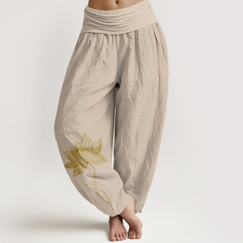 Buddha Stones Pantalones harén de algodón puro con cintura elástica y estampado de flor de loto para mujer - Broncearse - US16，UK/AU20，EU48 (3XL) - image 11