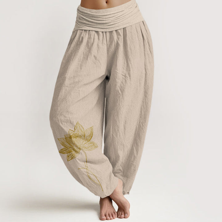 Buddha Stones Pantalones harén de algodón puro con cintura elástica y estampado de flor de loto para mujer - Broncearse - US16，UK/AU20，EU48 (3XL) - image 11