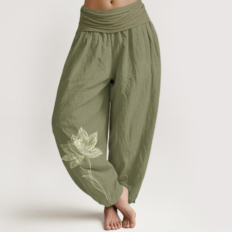 Buddha Stones Pantalones harén de algodón puro con cintura elástica y estampado de flor de loto para mujer - Verde oliva - US16，UK/AU20，EU48 (3XL) - image 14