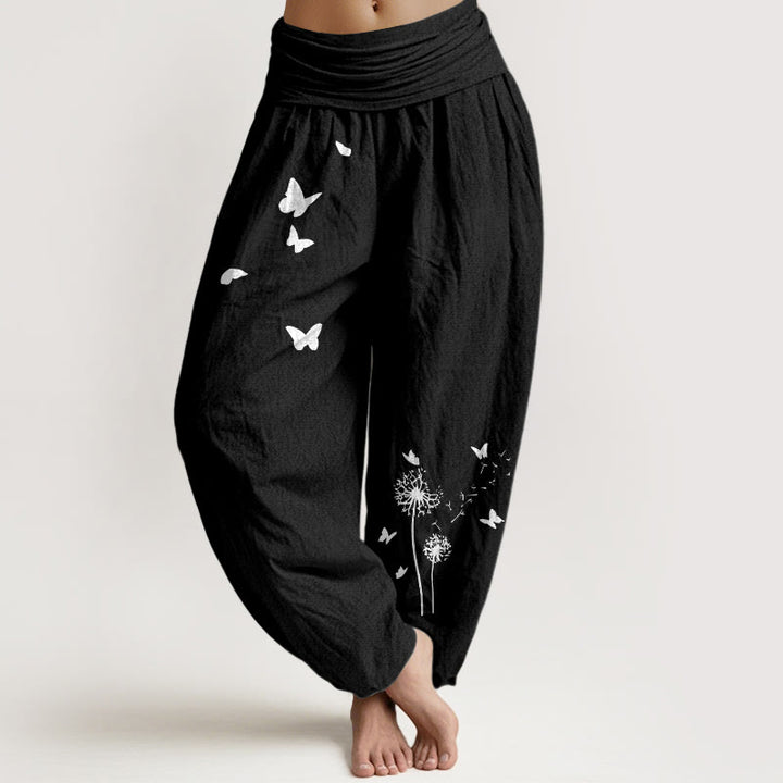 Buddha Stones Pantalones harén de algodón puro con cintura elástica y estampado de mariposas y diente de león para mujer - Negro - US16，UK/AU20，EU48 (3XL) - image 0