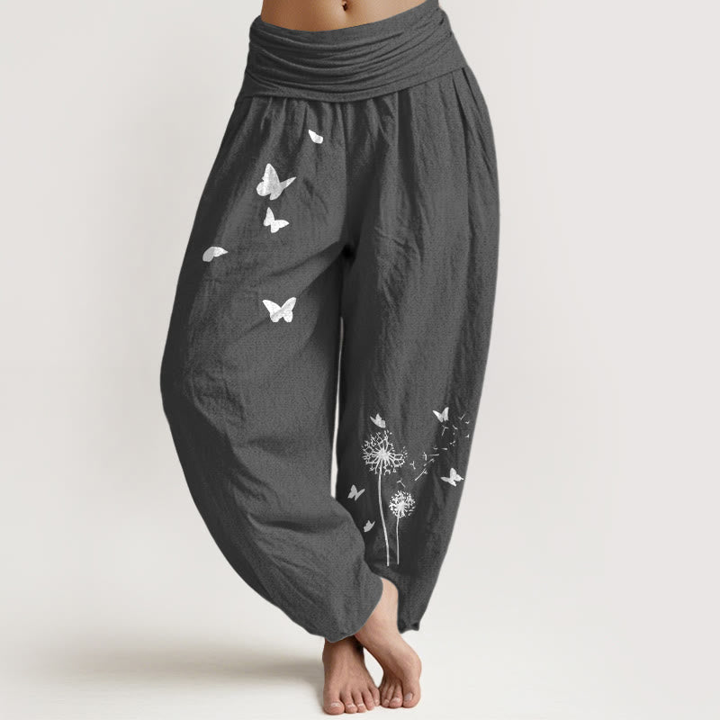 Buddha Stones Pantalones harén de algodón puro con cintura elástica y estampado de mariposas y diente de león para mujer - Gris oscuro - US16，UK/AU20，EU48 (3XL) - image 8