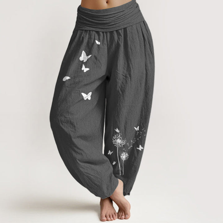 Buddha Stones Pantalones harén de algodón puro con cintura elástica y estampado de mariposas y diente de león para mujer - Gris oscuro - US16，UK/AU20，EU48 (3XL) - image 8
