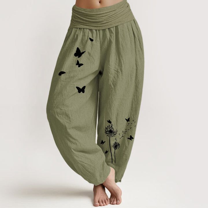 Buddha Stones Pantalones harén de algodón puro con cintura elástica y estampado de mariposas y diente de león para mujer - Verde oliva - US16，UK/AU20，EU48 (3XL) - image 14