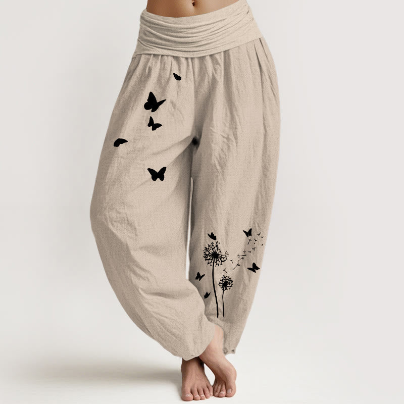 Buddha Stones Pantalones harén de algodón puro con cintura elástica y estampado de mariposas y diente de león para mujer - Broncearse - US16，UK/AU20，EU48 (3XL) - image 11
