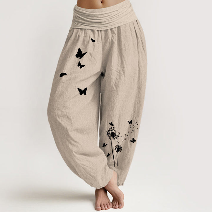 Buddha Stones Pantalones harén de algodón puro con cintura elástica y estampado de mariposas y diente de león para mujer - Broncearse - US16，UK/AU20，EU48 (3XL) - image 11