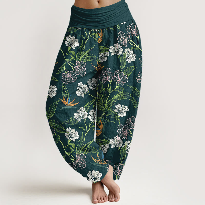 Buddha Stones Pantalones harén de algodón con cintura elástica y estampado de hojas y flores en colores contrastantes para mujer - Verde azulado - US16，UK/AU20，EU48 (3XL) - image 0