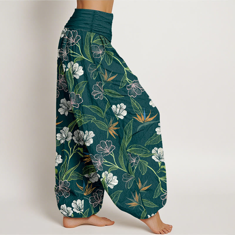 Buddha Stones Pantalones harén de algodón con cintura elástica y estampado de hojas y flores en colores contrastantes para mujer - image 2