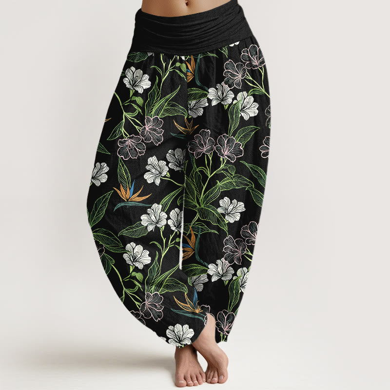 Buddha Stones Pantalones harén de algodón con cintura elástica y estampado de hojas y flores en colores contrastantes para mujer - Negro - US16，UK/AU20，EU48 (3XL) - image 5