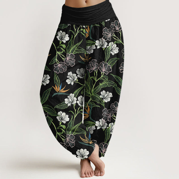Buddha Stones Pantalones harén de algodón con cintura elástica y estampado de hojas y flores en colores contrastantes para mujer - Negro - US16，UK/AU20，EU48 (3XL) - image 5