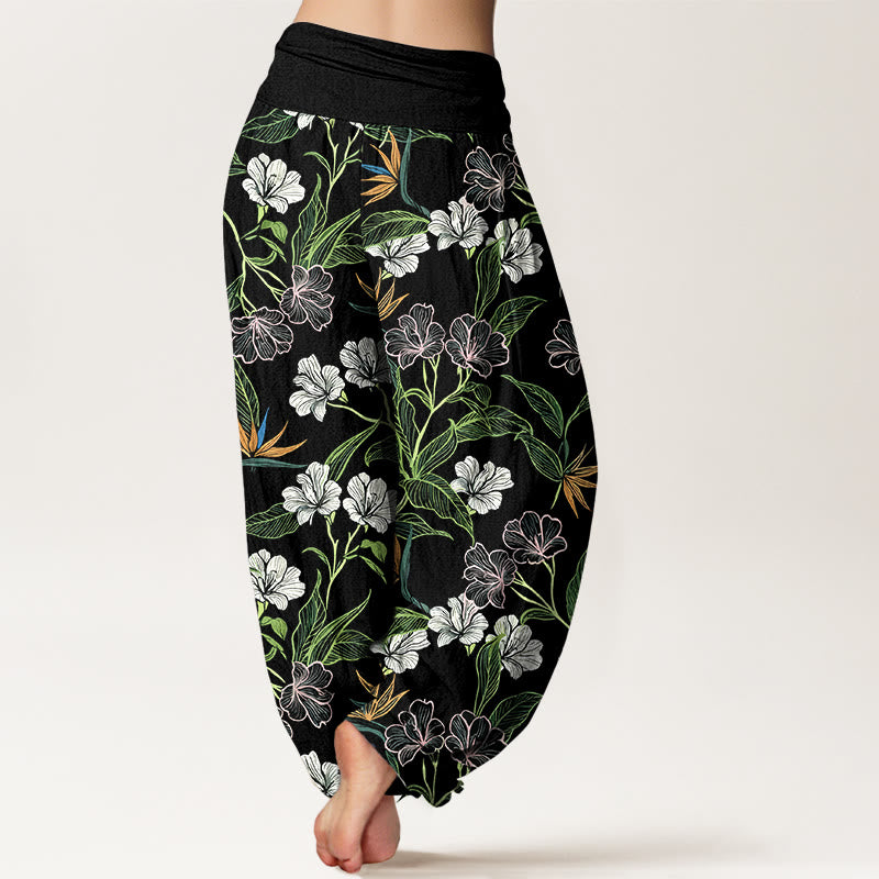 Buddha Stones Pantalones harén de algodón con cintura elástica y estampado de hojas y flores en colores contrastantes para mujer - image 6