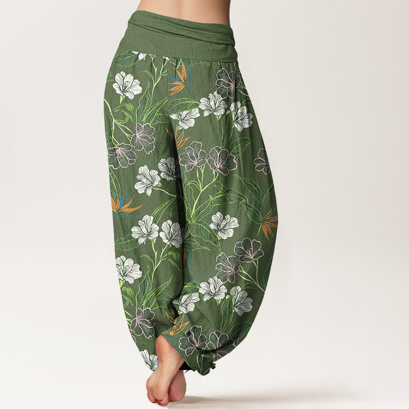 Buddha Stones Pantalones harén de algodón con cintura elástica y estampado de hojas y flores en colores contrastantes para mujer - image 9