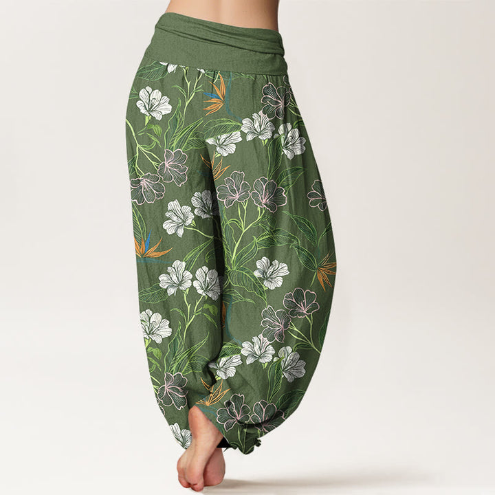 Buddha Stones Pantalones harén de algodón con cintura elástica y estampado de hojas y flores en colores contrastantes para mujer - image 9