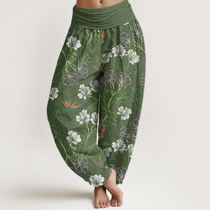 Buddha Stones Pantalones harén de algodón con cintura elástica y estampado de hojas y flores en colores contrastantes para mujer - Verde oliva - US16，UK/AU20，EU48 (3XL) - image 8