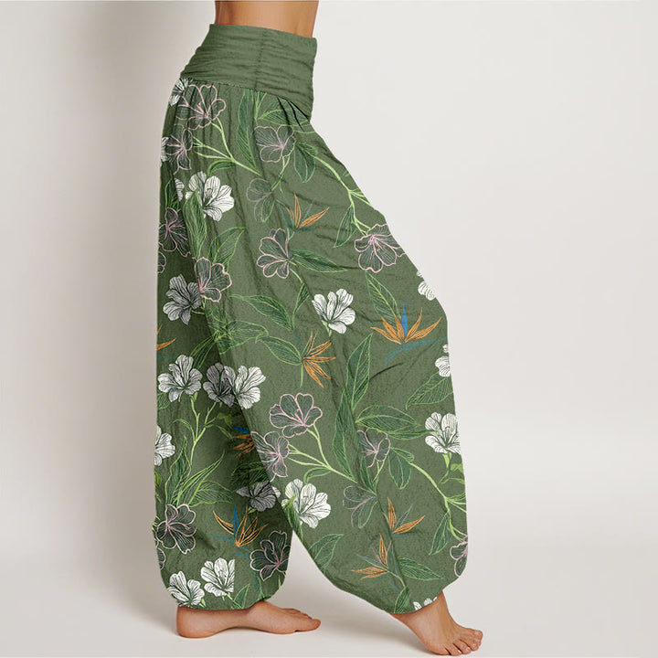 Buddha Stones Pantalones harén de algodón con cintura elástica y estampado de hojas y flores en colores contrastantes para mujer - image 10