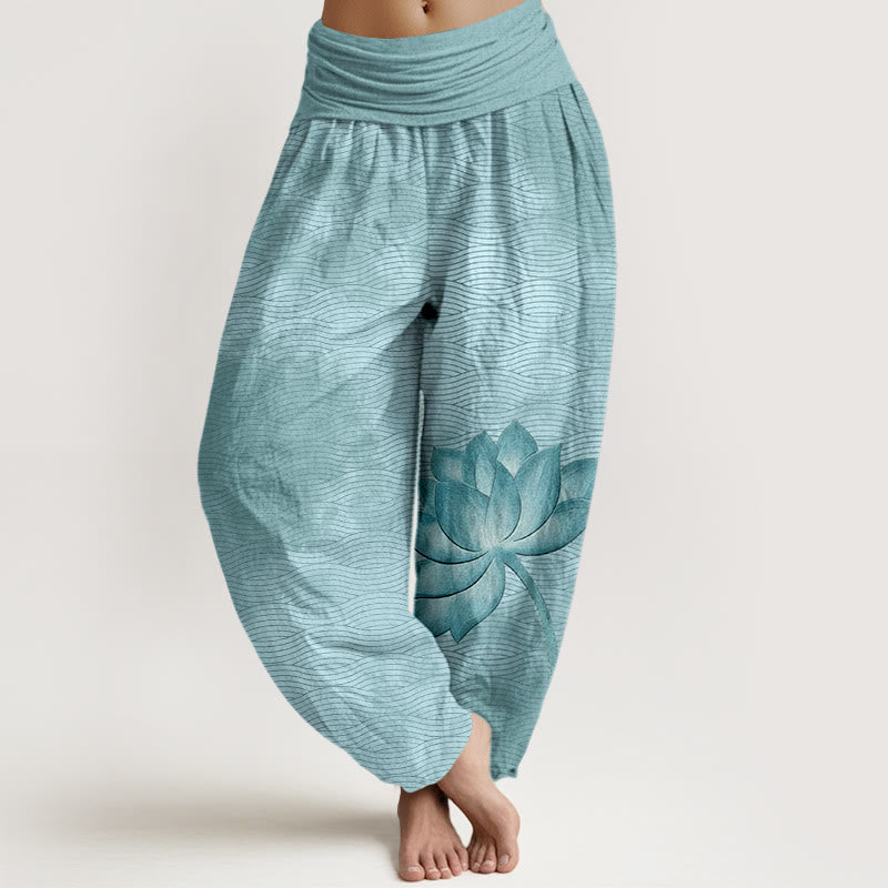 Buddha Stones Pantalones harén de algodón con cintura elástica para mujer, estampado de líneas onduladas de loto en color claro - Celeste - US16，UK/AU20，EU48 (3XL) - image 0