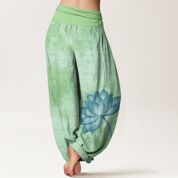 Buddha Stones Pantalones harén de algodón con cintura elástica para mujer, estampado de líneas onduladas de loto en color claro - image 9