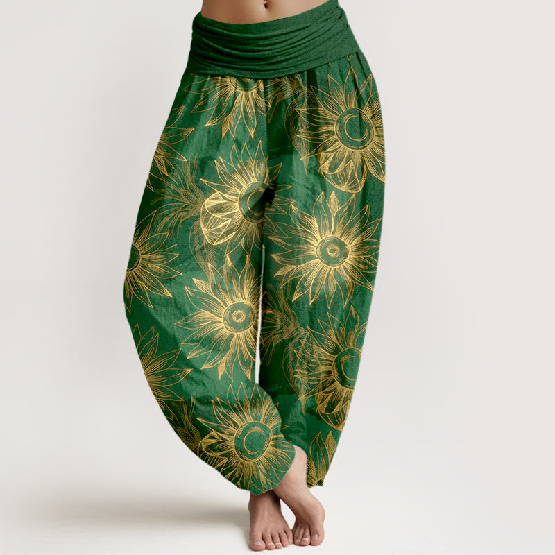 Buddha Stones Pantalones harén de algodón con estampado floral retro y cintura elástica para mujer - Verde - US16，UK/AU20，EU48 (3XL) - image 8