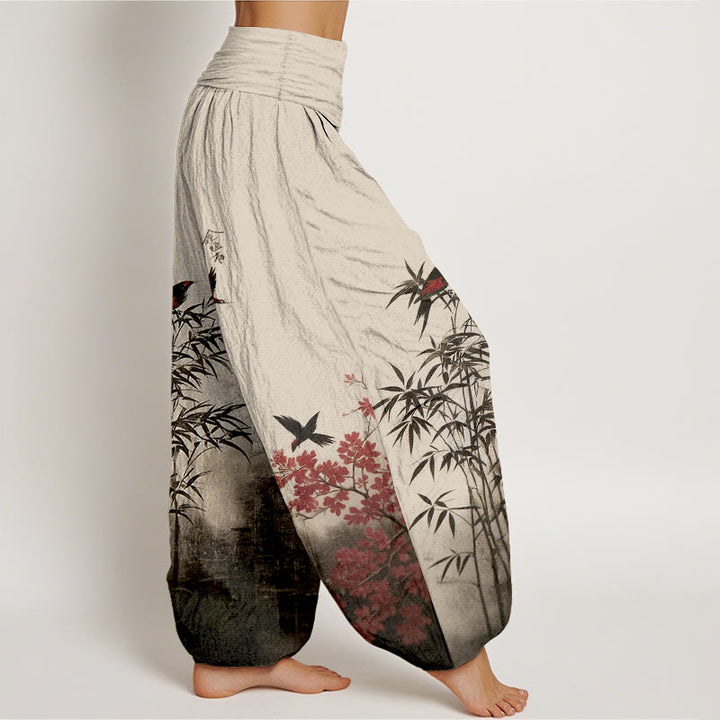Buddha Stones Pantalones harén de algodón con estampado clásico de flores de bambú y pájaros para mujer, cintura elástica - image 2