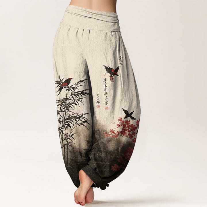 Buddha Stones Pantalones harén de algodón con estampado clásico de flores de bambú y pájaros para mujer, cintura elástica - image 1