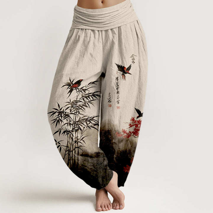 Buddha Stones Pantalones harén de algodón con estampado clásico de flores de bambú y pájaros para mujer, cintura elástica - Blanco antiguo - US16，UK/AU20，EU48 (3XL) - image 0