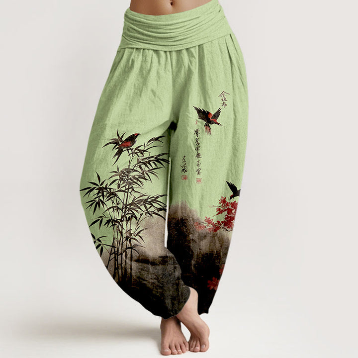 Buddha Stones Pantalones harén de algodón con estampado clásico de flores de bambú y pájaros para mujer, cintura elástica - Verde claro - US16，UK/AU20，EU48 (3XL) - image 5